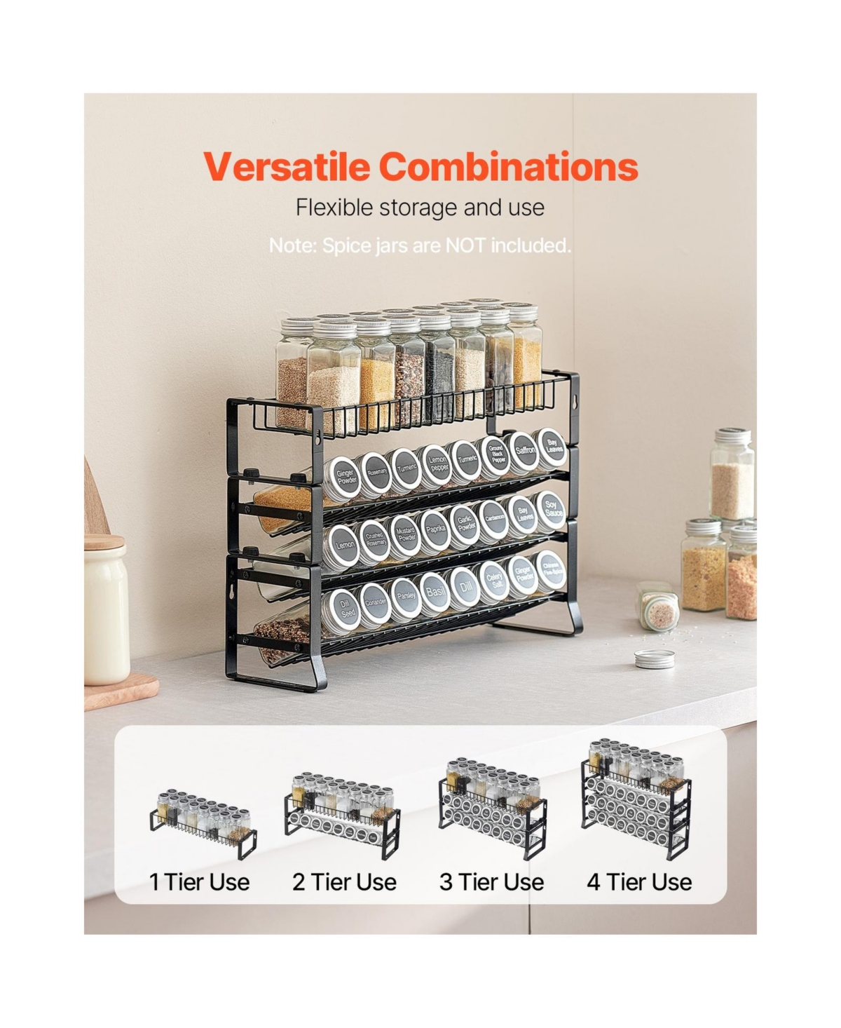 Sugift 4-Tier Stackable Detachable Spice Rack Organizer for Cabinet Countertop Pantry