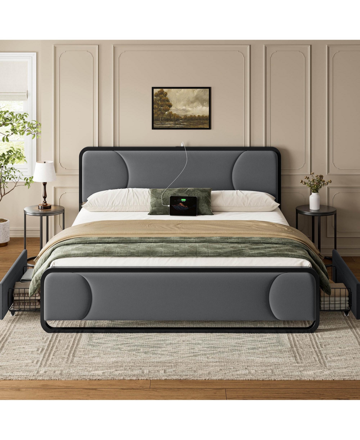 Hausource Curved Tufted Velvet Platform Bed, 4-Position Movable Drawers, Bedside Charging Station
