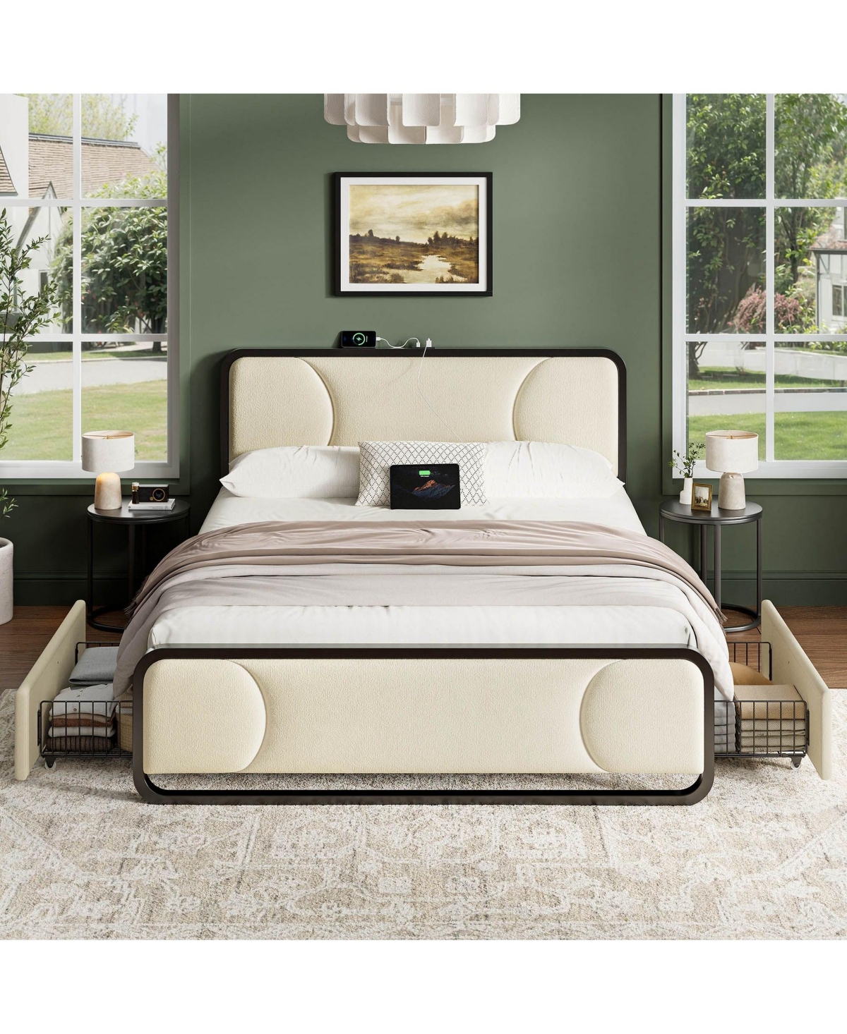 Hausource Curved Tufted Velvet Platform Bed, 4-Way Placeable Underbed Drawers, Bedside Charging Station