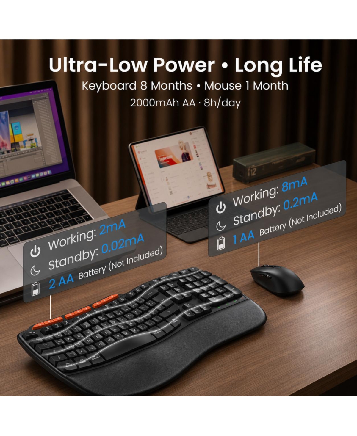 Lofree Wireless Ergonomic Adjustable Keyboard and Mouse Combo, Compatible with Windows macOS