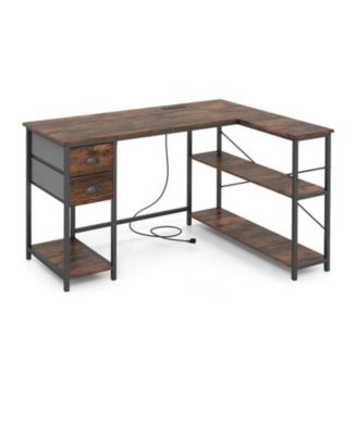 L-Shaped Corner Computer Desk with Charging Station and 2 Fabric Drawers