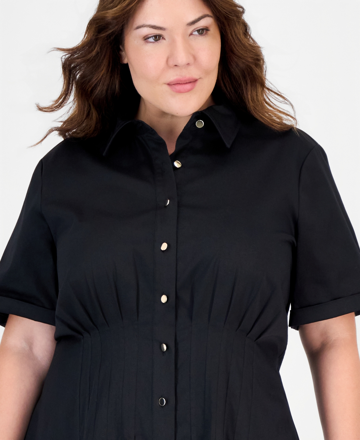 Anne Klein Plus Fit & Flare Pleated Waist Midi Shirt Dress