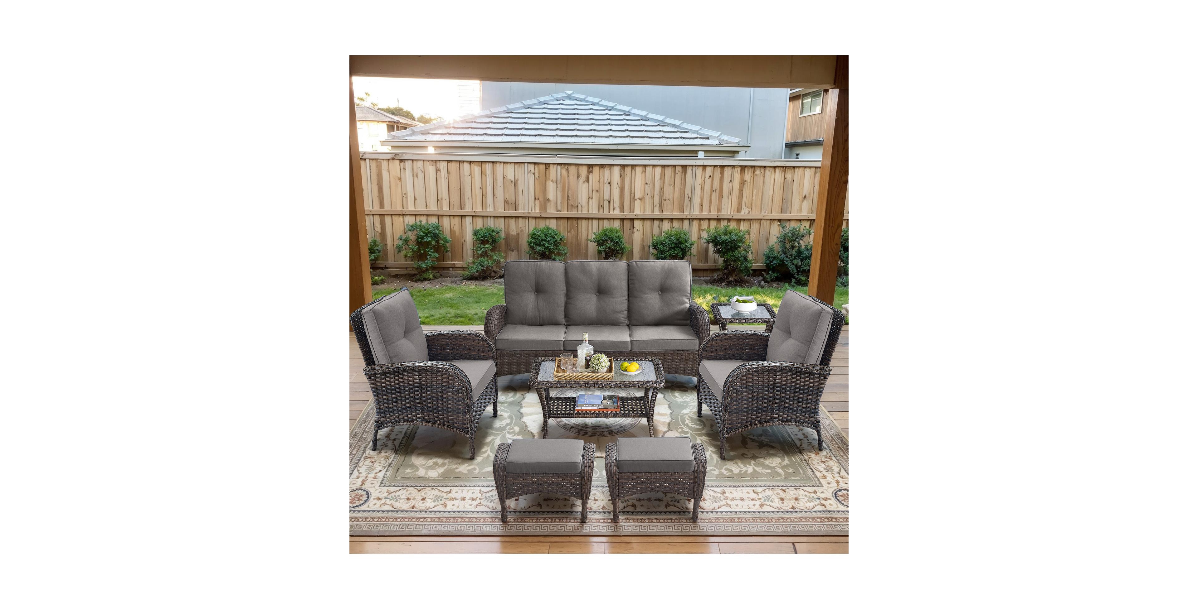 Bellefurn 7-Piece Outdoor Wicker Patio Family Gatherings Conversation Set with 3-Seater Sofa, Arm Chairs and Ottomans