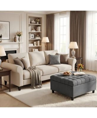 35in Square Storage Ottoman Bench with Flip-Up Seat, Linen Fabric Upholstered Bed Bench with Hidden Storage, Rubberwood Legs, Gray
