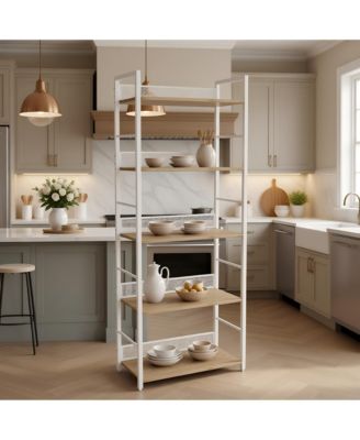 24x12x61 in 5-Tier Steel Storage Shelf, Engineered Wood Shelves, Diamond Mesh Back, for Living Room Kitchen Office, White/Black