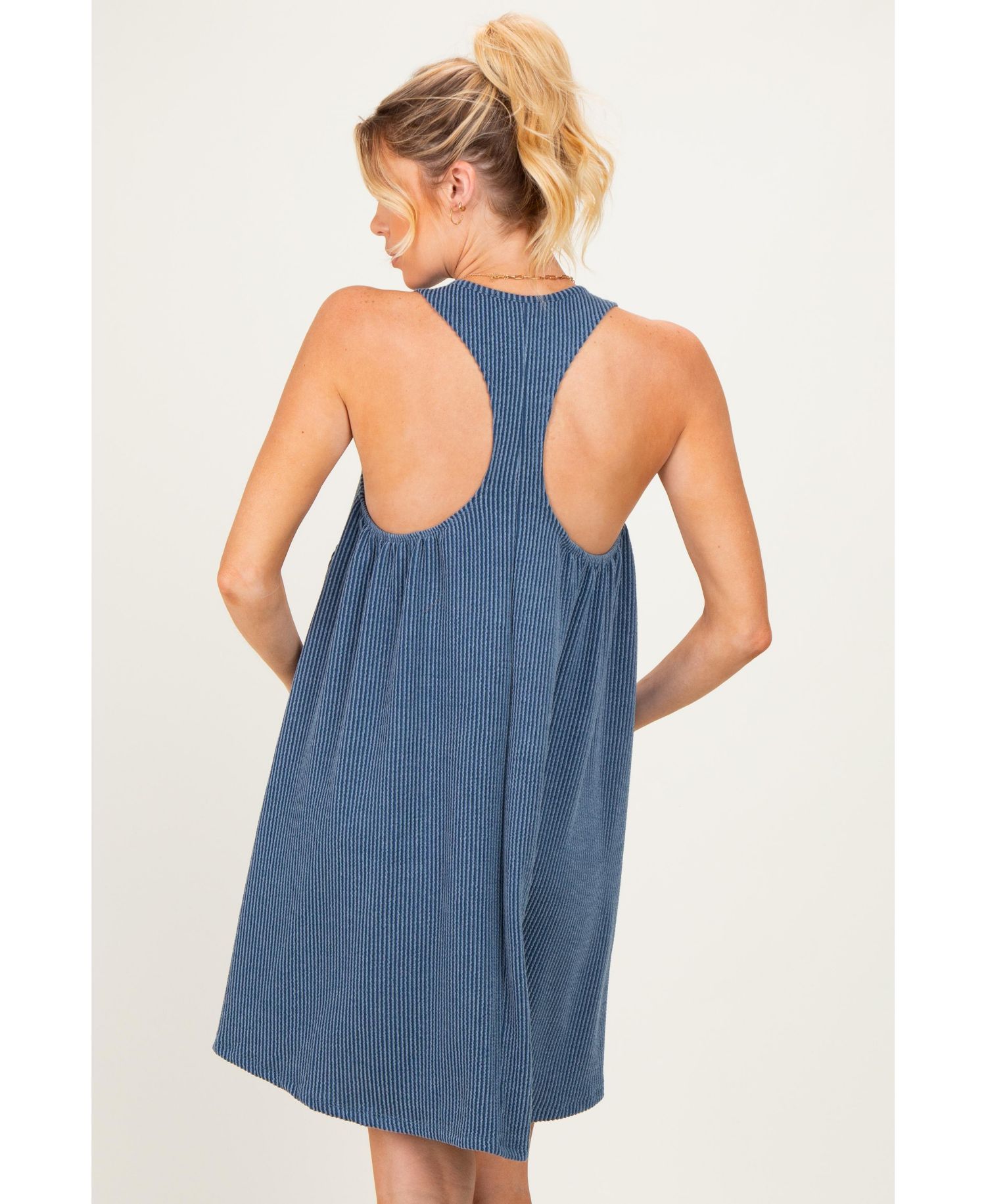 Women's Blue Ribbed Sleeveless Open Back Midi Dress