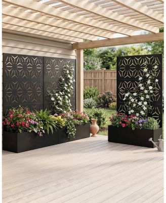 44 x 71 x 16 in Steel Privacy Screen Planter Box, Decorative Metal Plant Holder for Backyard Patio Garden, Black