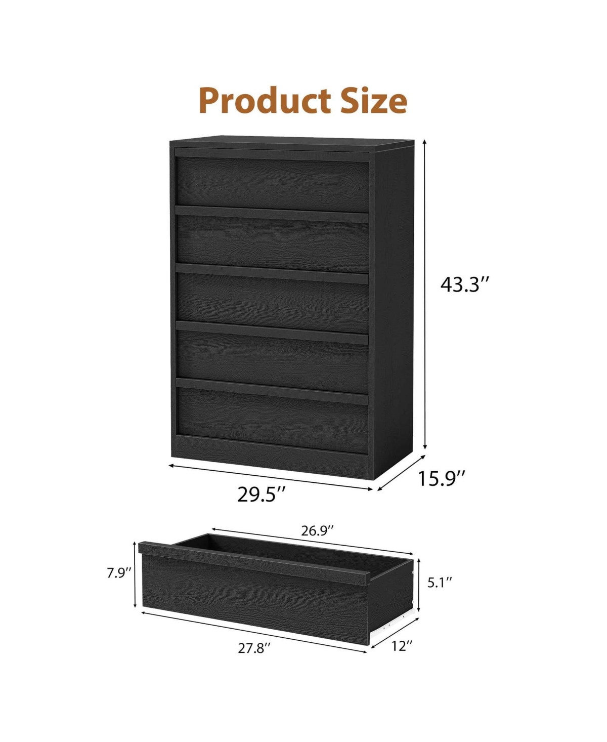gaomon 5 Drawer Dresser for Bedroom, 43.3" Tall Wooden Storage Chest with Deep Drawers for Closet, Living Room