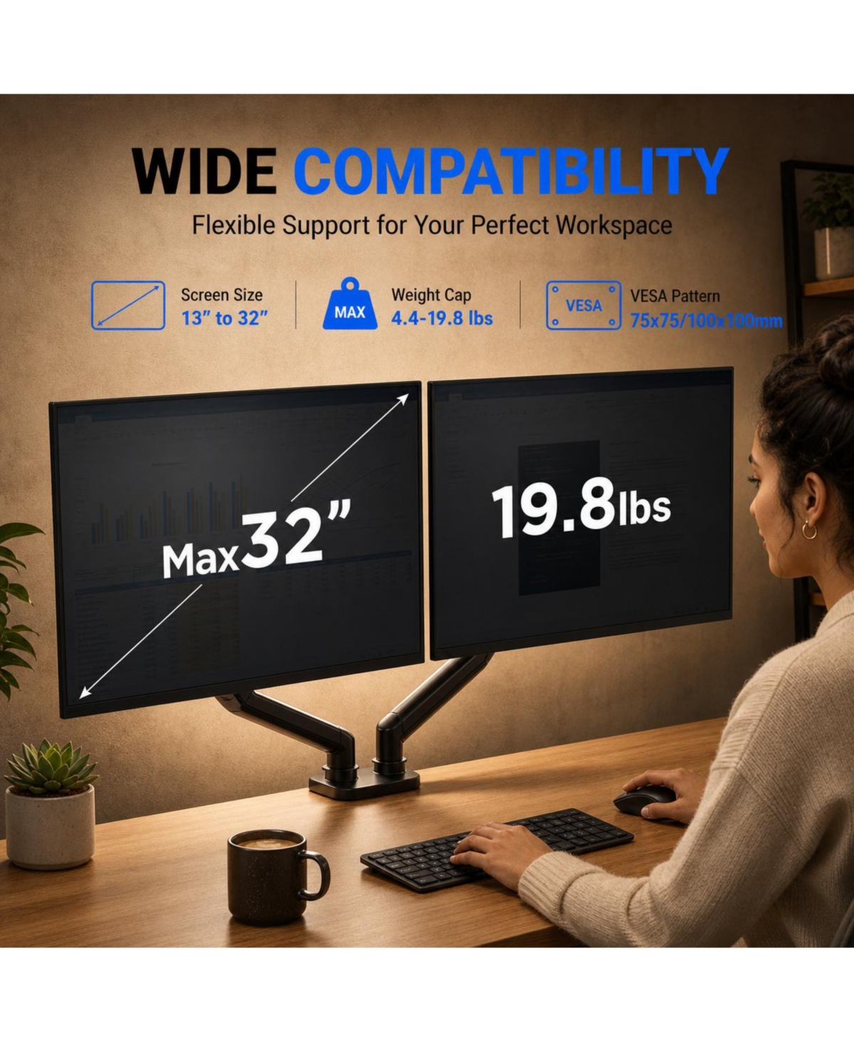 Lofree Gas Spring Monitor Mount Full-Motion Dual Arm Desk Mount Supports 13 to 32 Inch Monitors