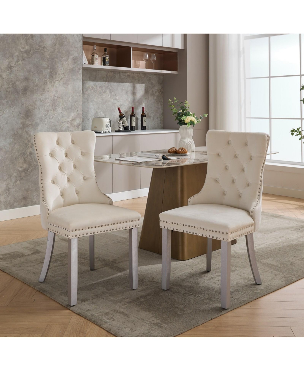 Flynama Set of 2 Mid-Century Velvet Tufted Dining Chairs, Solid Wood Leg Nailhead Trim 280lbs Weight Capacity