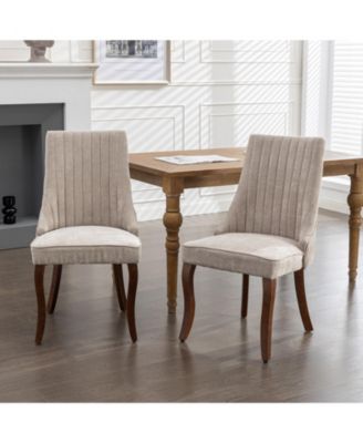 Set of 2 Rayon Flocking Linen High Back Dining Chairs, Curved Solid Wood Legs Adjustable Leveling Feet