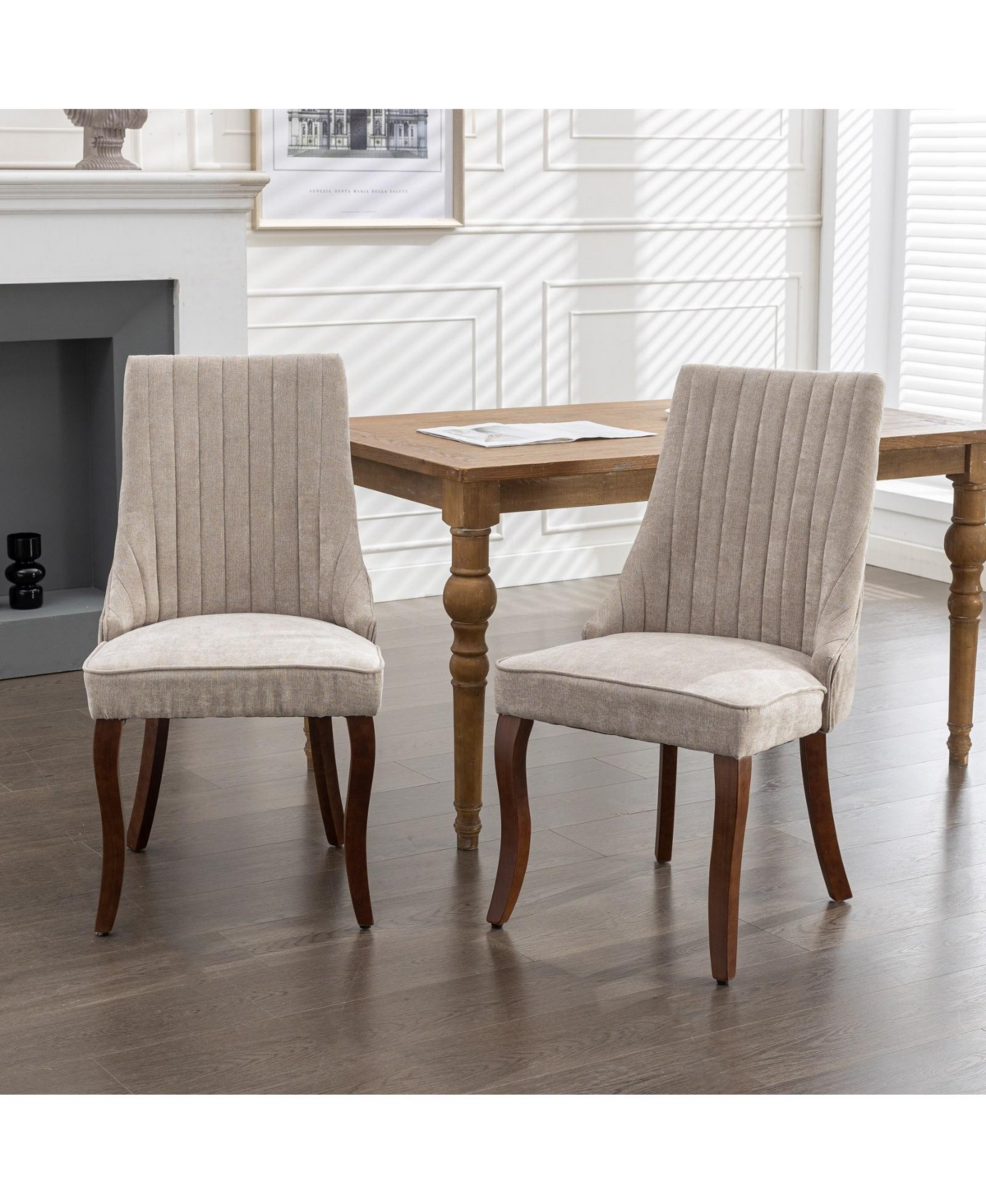 Flynama Set of 2 Rayon Flocking Linen High Back Dining Chairs, Curved Solid Wood Legs Adjustable Leveling Feet