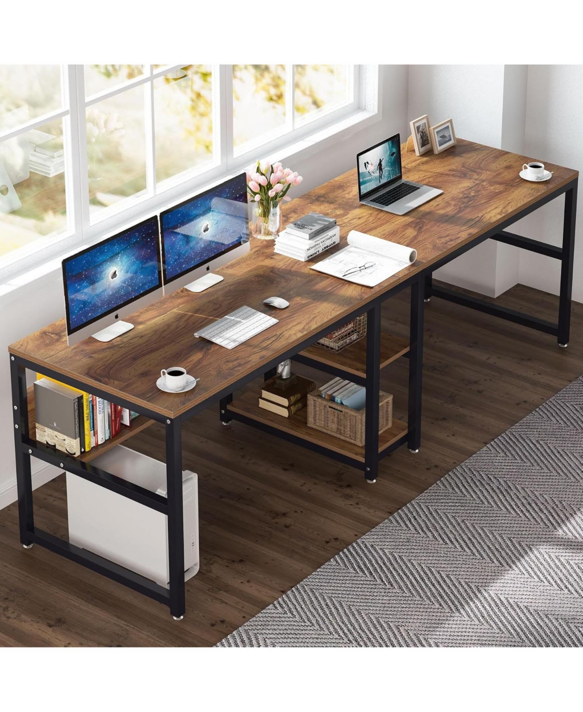 Tribesigns 78.7" Two Person Desk with Bookshelf