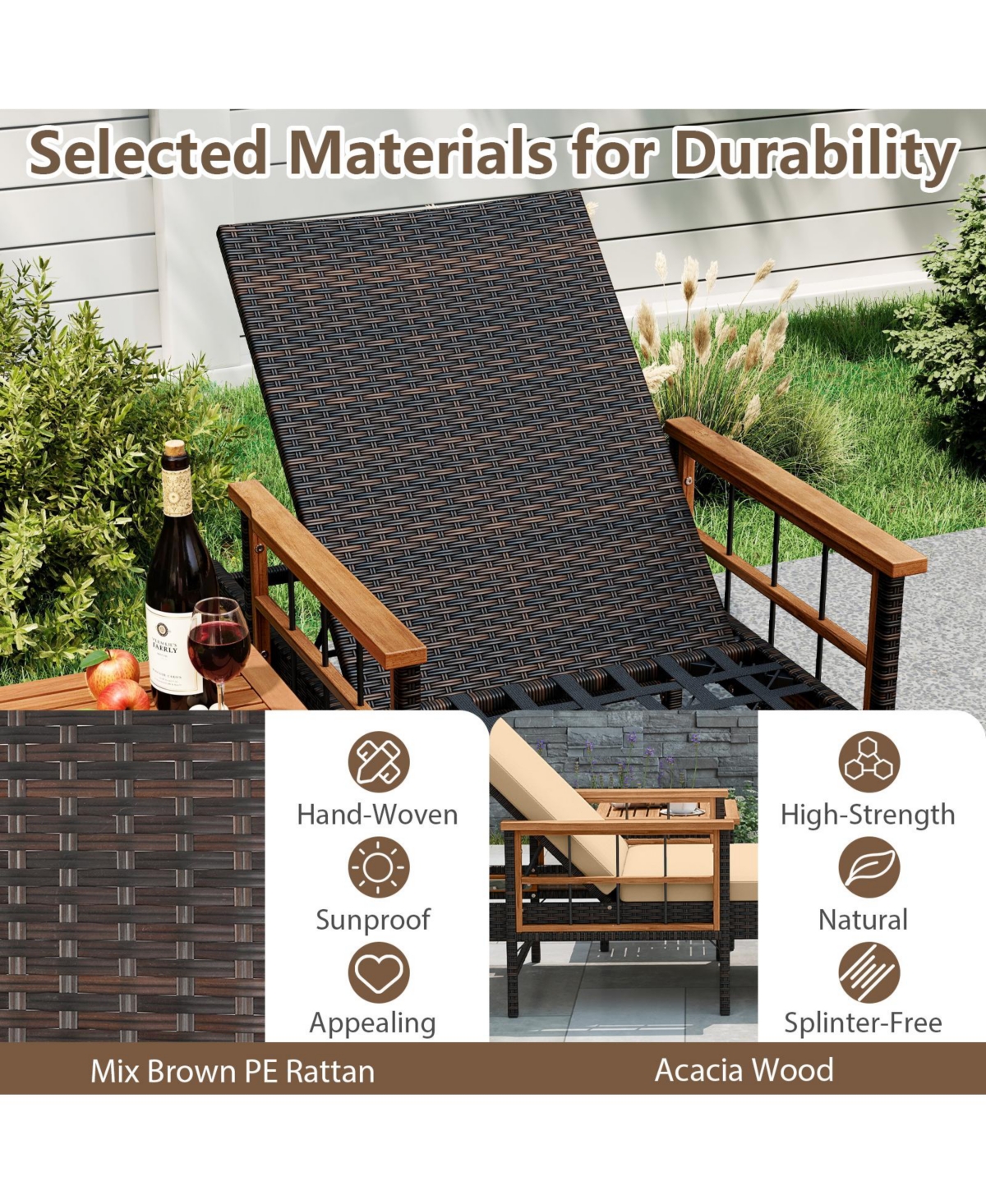 Mecale Set of 2 Patio Rattan Chaise Lounges with 4-Level Backrest