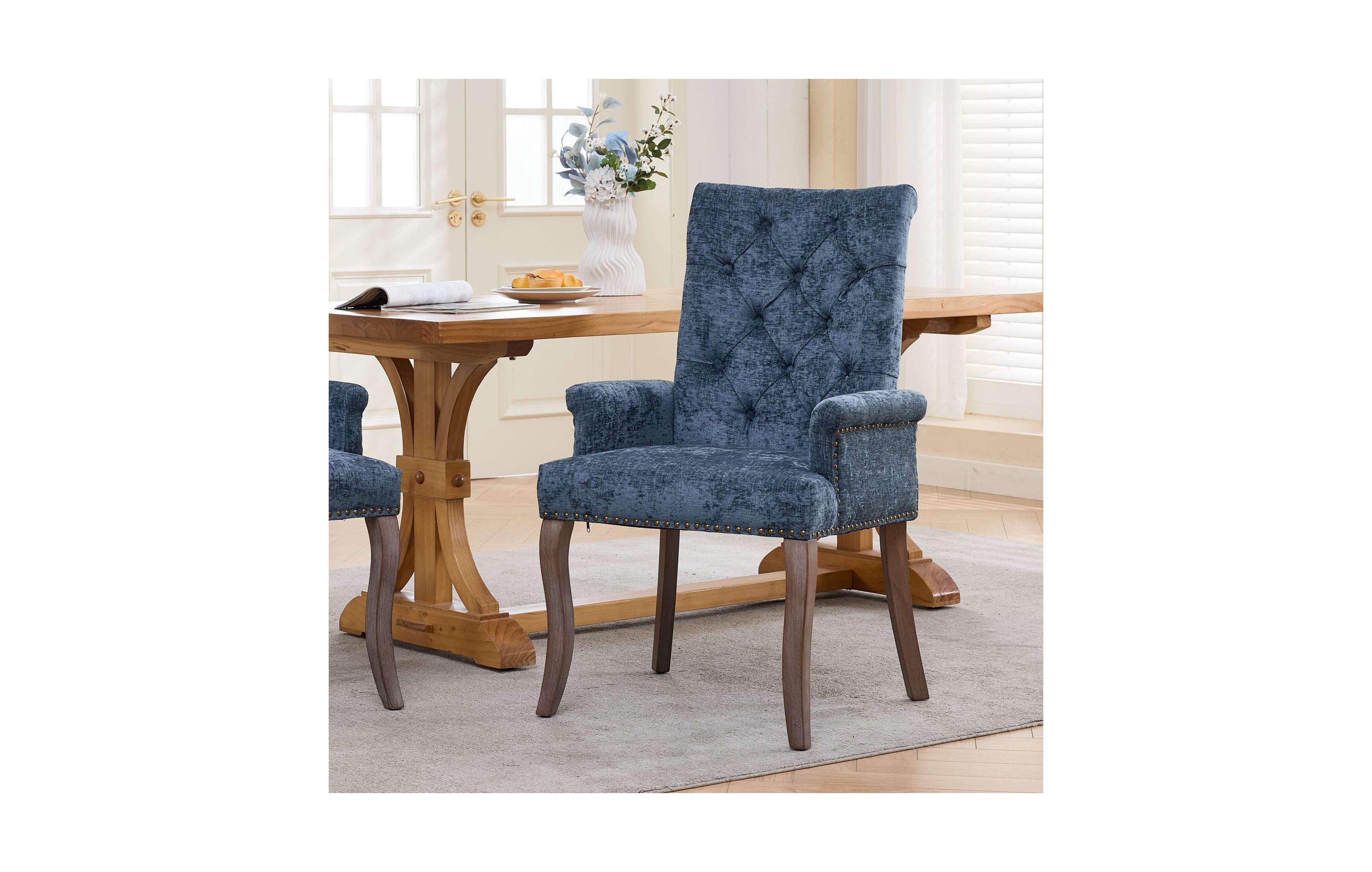 Flynama Single Pack Chenille Upholstered Tufted Solid Wood Leg Arm Dining Chair