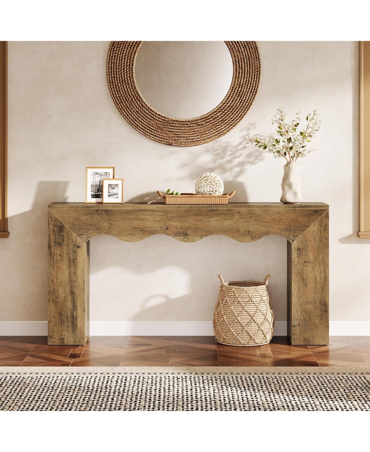 Tribesigns 63" Farmhouse Console Table with Wavy Edge and Storage