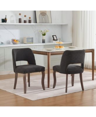 Set of 2 Hollow Back Fabric Dining Chairs, Curved Solid Wood Legs With Handmade Copper Nails