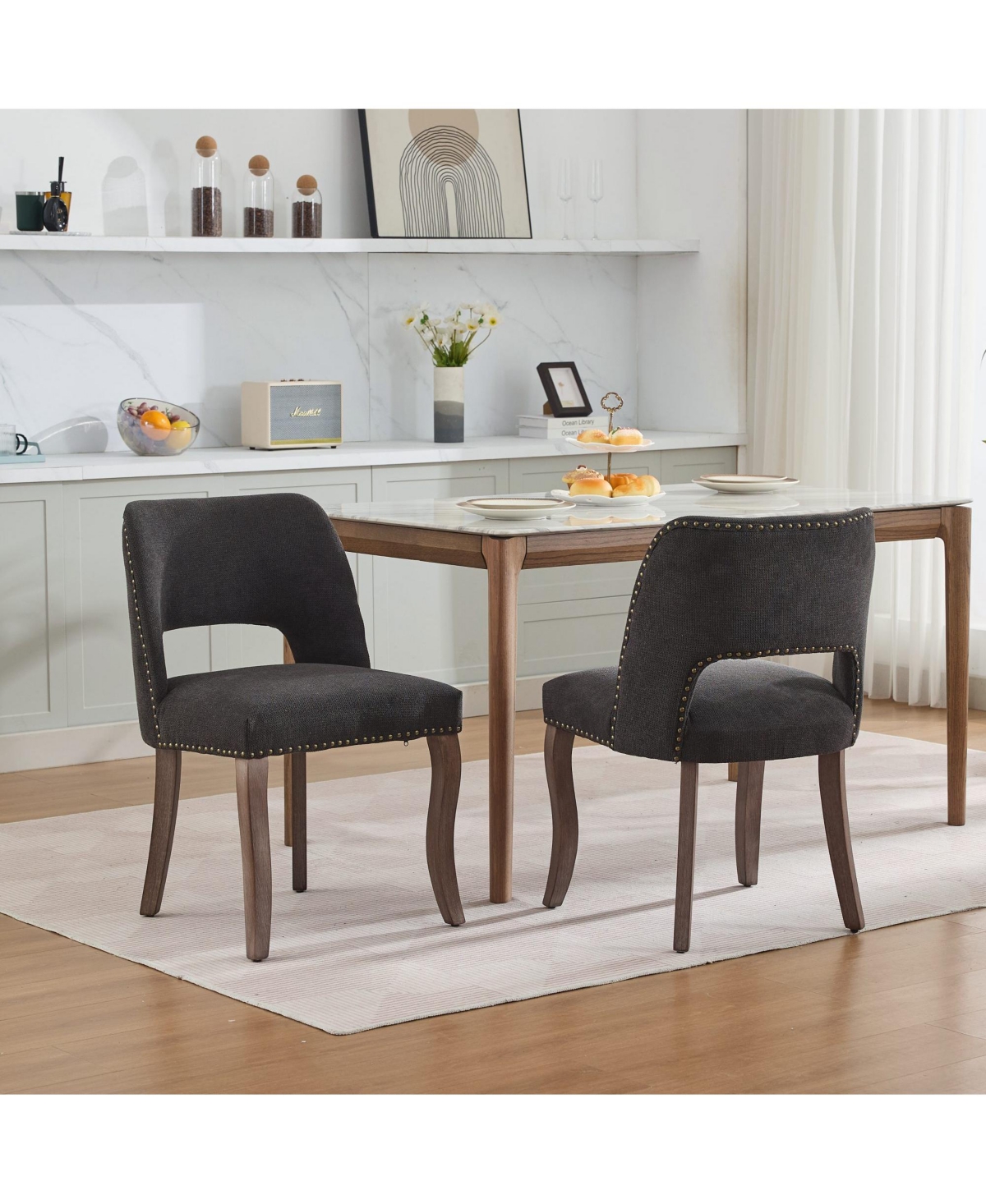 Flynama Set of 2 Hollow Back Fabric Dining Chairs, Curved Solid Wood Legs With Handmade Copper Nails