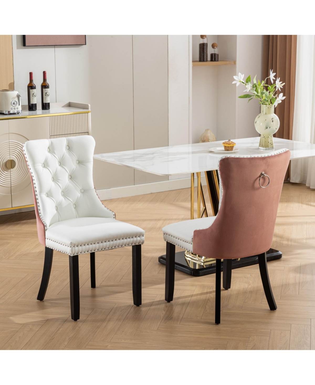 Flynama Set of 2 Pu Velvet Tufted Swivel Dining Office Chairs, Metal Base Caster Wheels Height Adjustable