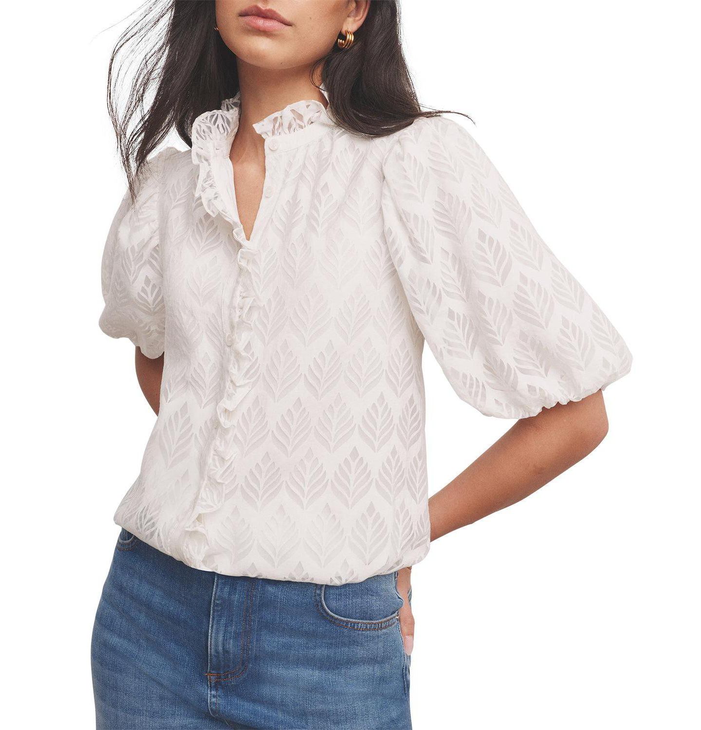 Женская блузка Mint Velvet Short Puff Sleeve Jacquard Ruffle-Trim, цвет: Белый — фото 2