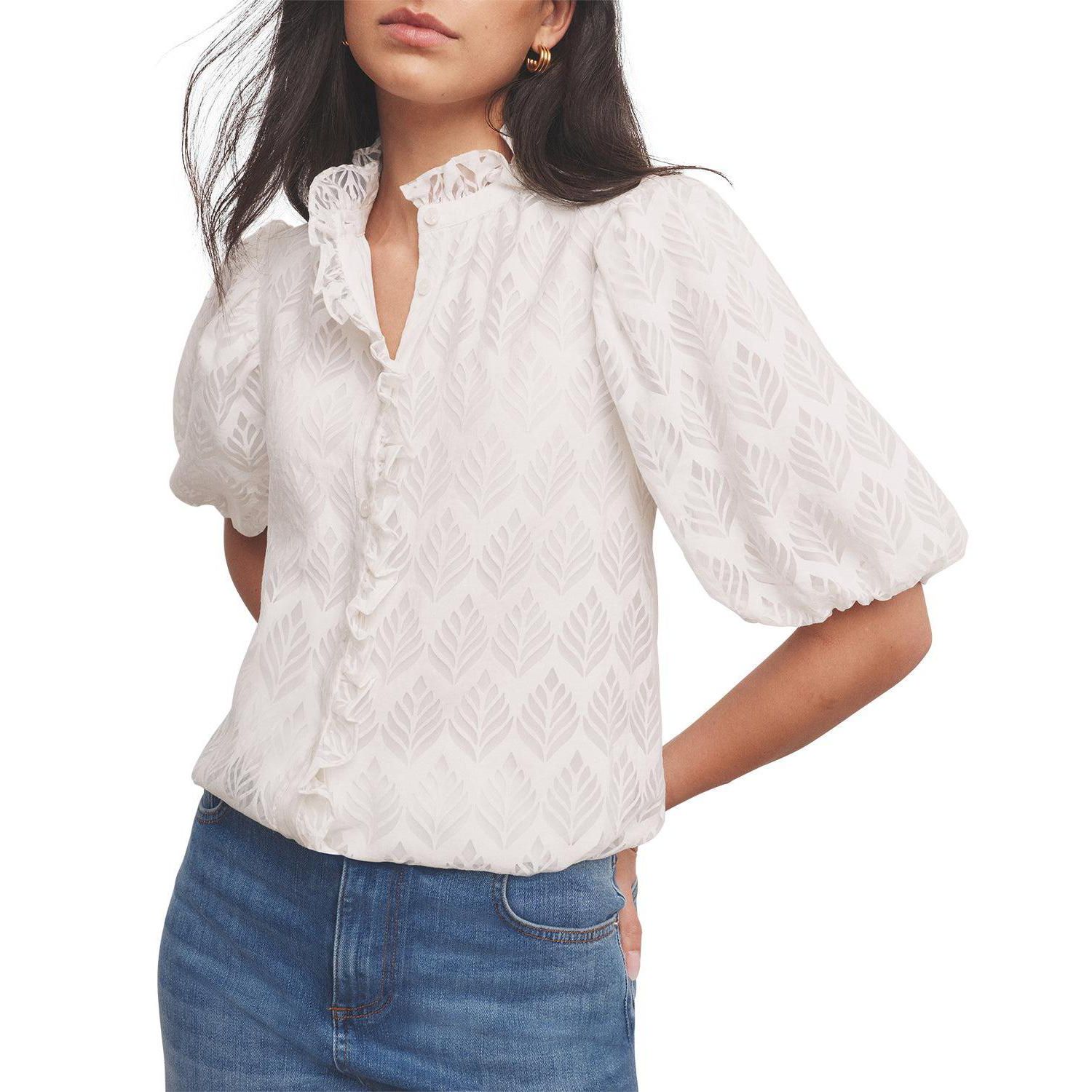 Women's Short Puff Sleeve Jacquard Ruffle-Trim Blouse