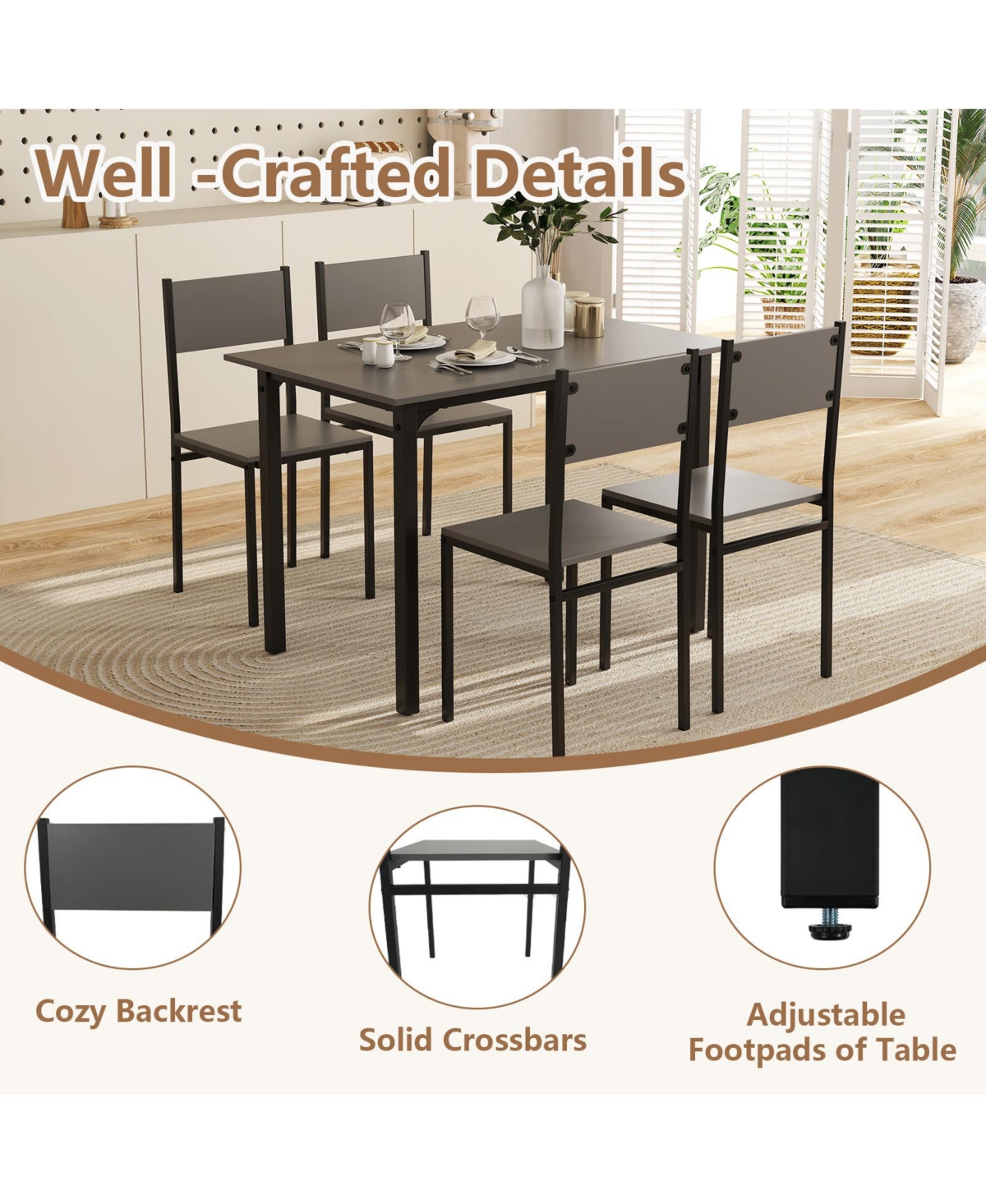 Mecale 5-Piece Industrial Dining Table Set with 4 Chairs for Kitchen