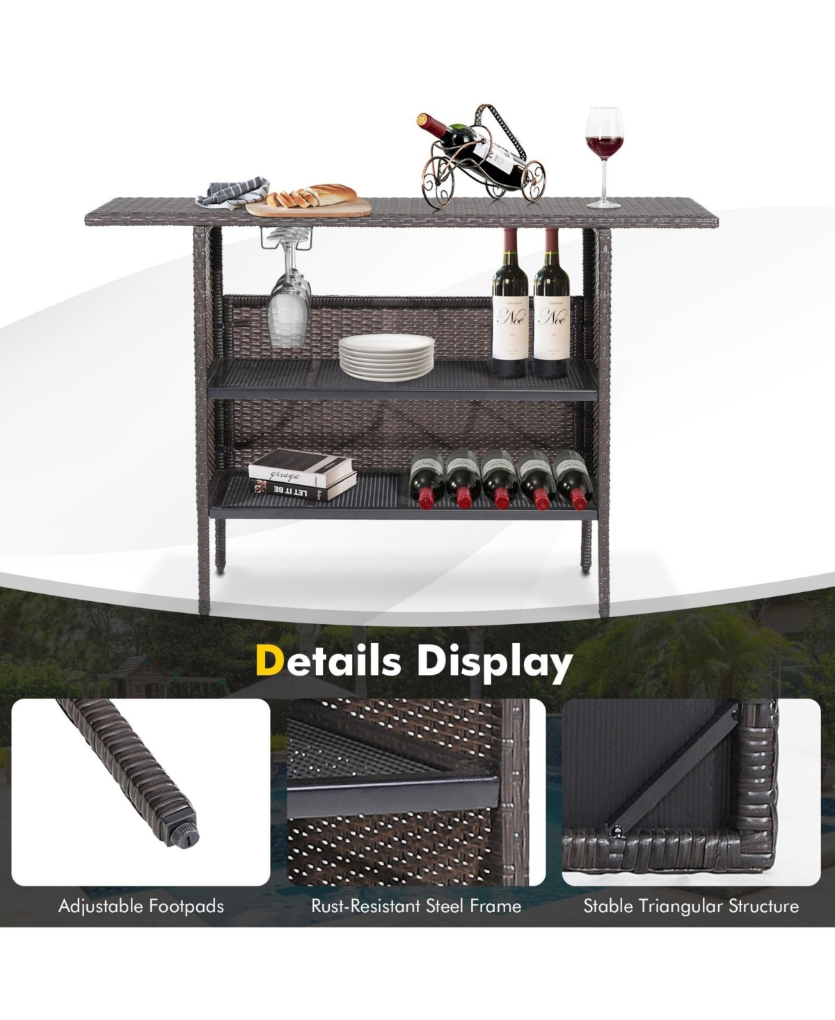 Mecale 55-Inch Outdoor Wicker Bar Table with 2 Storage Shelves