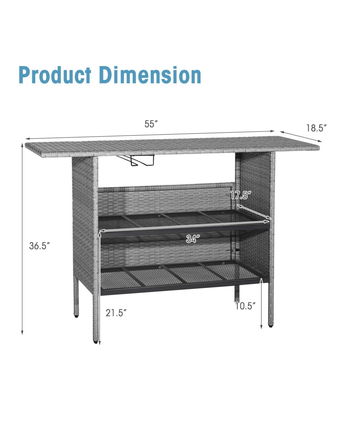 Mecale 55-Inch Outdoor Wicker Bar Table with Metal Storage Shelves