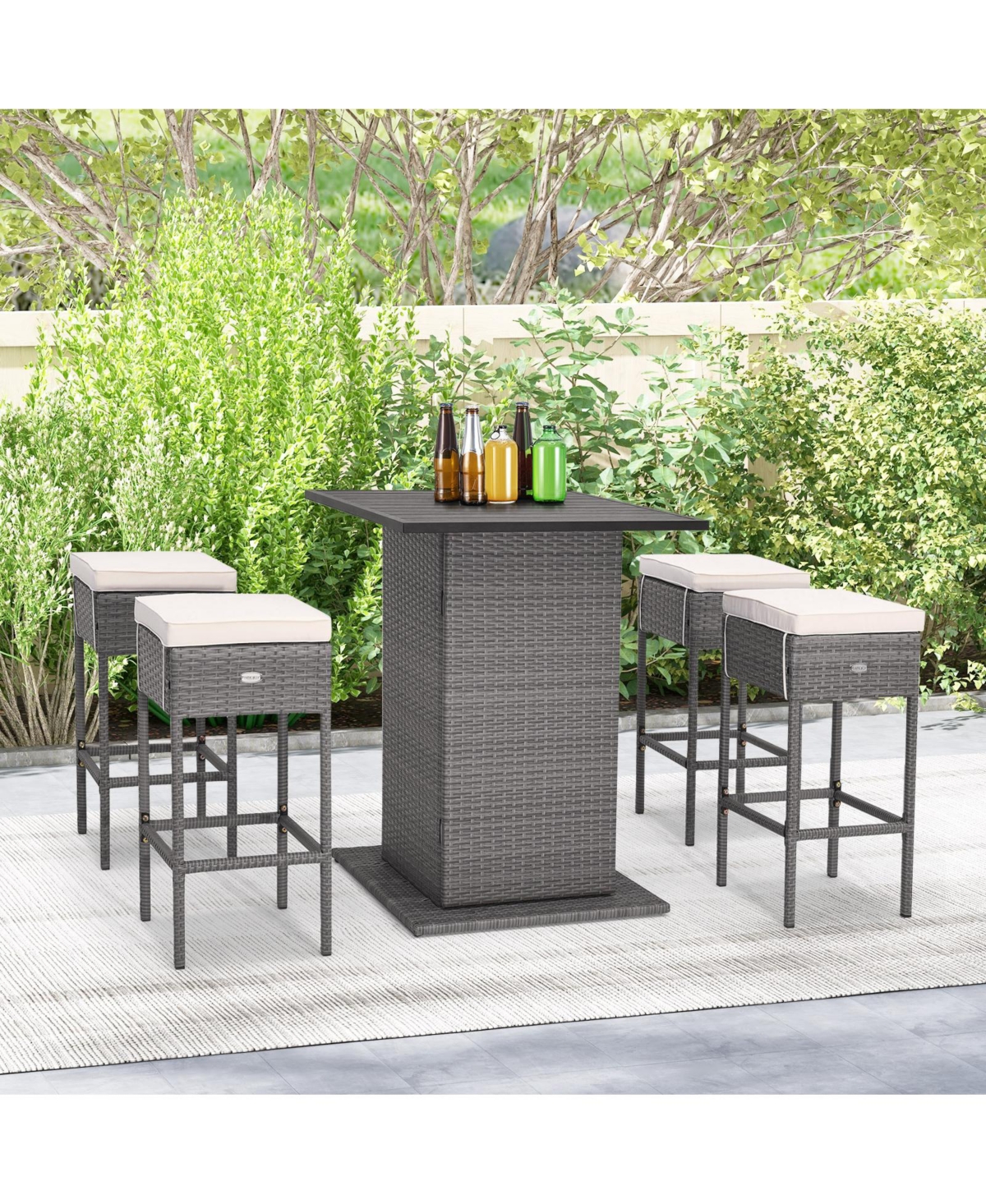 Mecale 5-Piece Outdoor Wicker Bar Set with Hidden Storage and Cushions