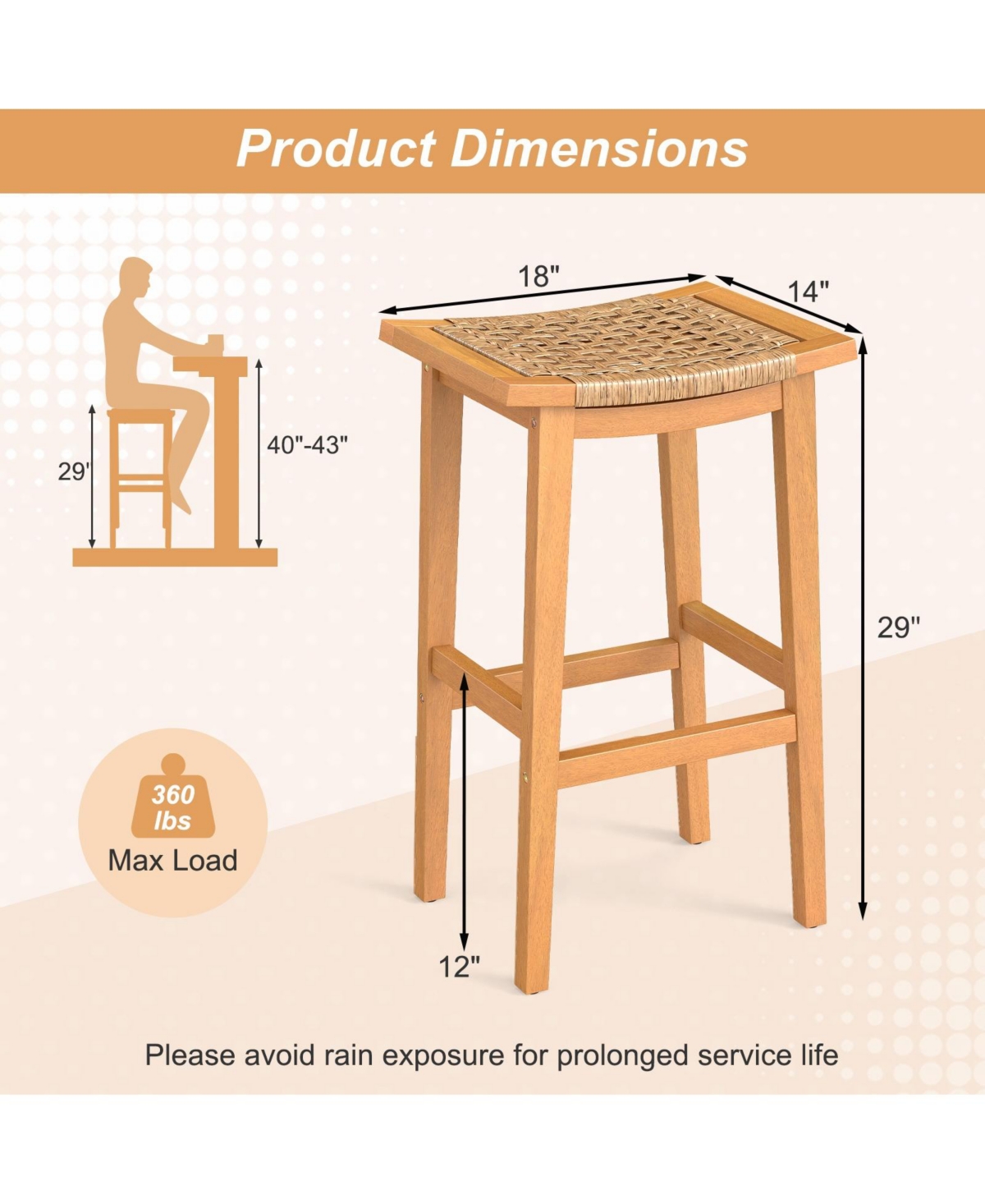 Mecale Set of 2 Outdoor Acacia Wood Bar Stools with Rattan Seats