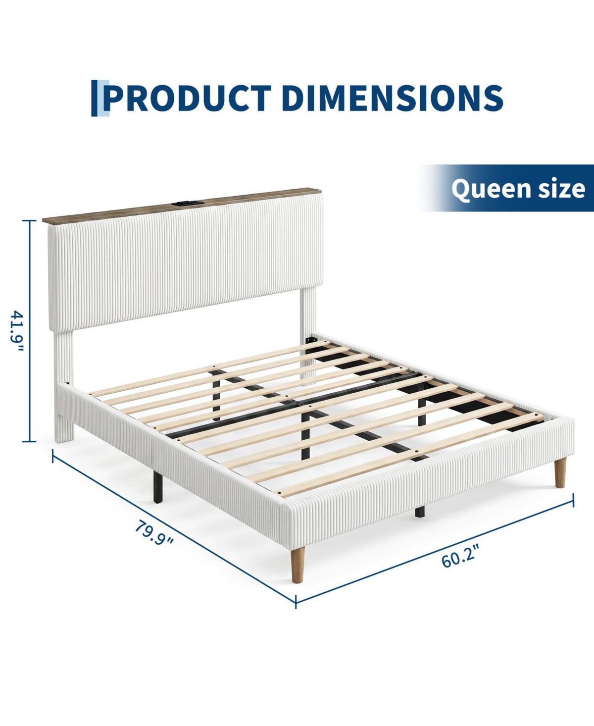 gaomon Queen Bed Frame – Upholstered Platform with Corduroy Storage Headboard, Charging Station and Led Lights, No Box Spring