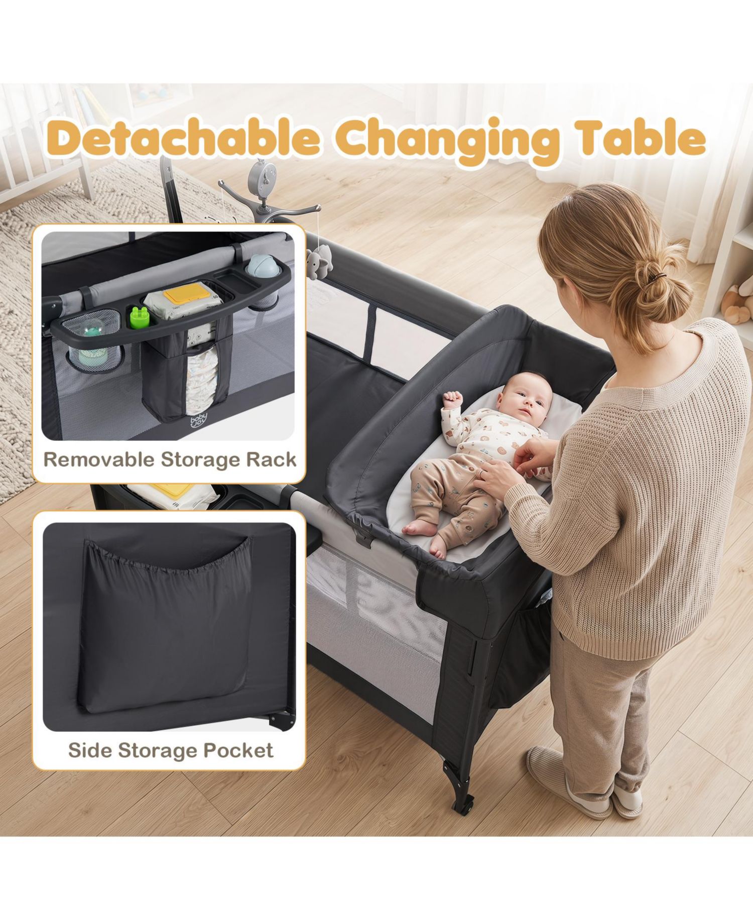 Baby Bassinet Bedside Crib with Changing Table Mattress Detachable Canopy Basket