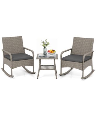3-Piece Rocking Bistro Set with Cushions and Glass Coffee Table for Garden Outdoor Mixed