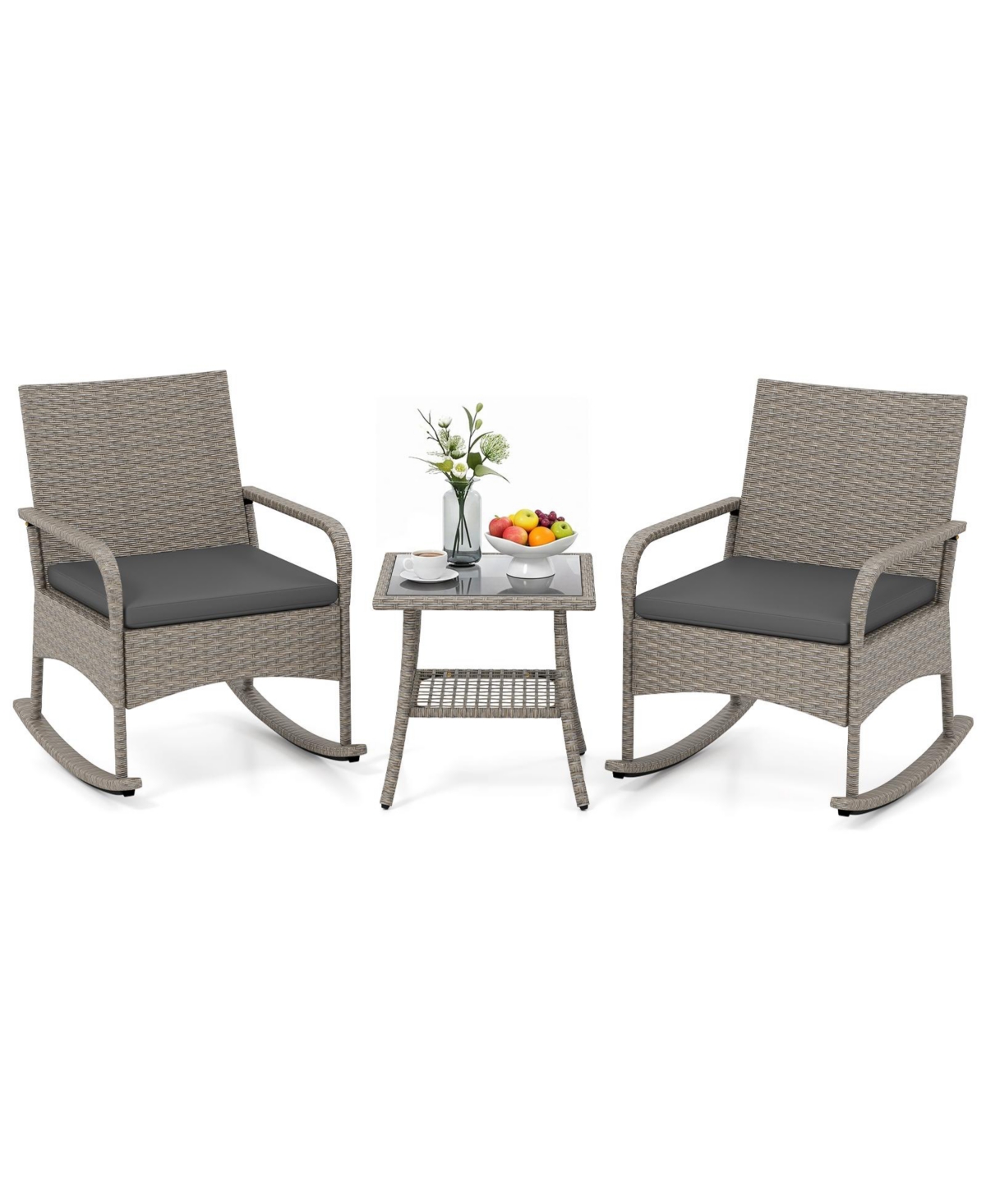 Gymax 3-Piece Rocking Bistro Set with Cushions and Glass Coffee Table for Garden Outdoor Mixed