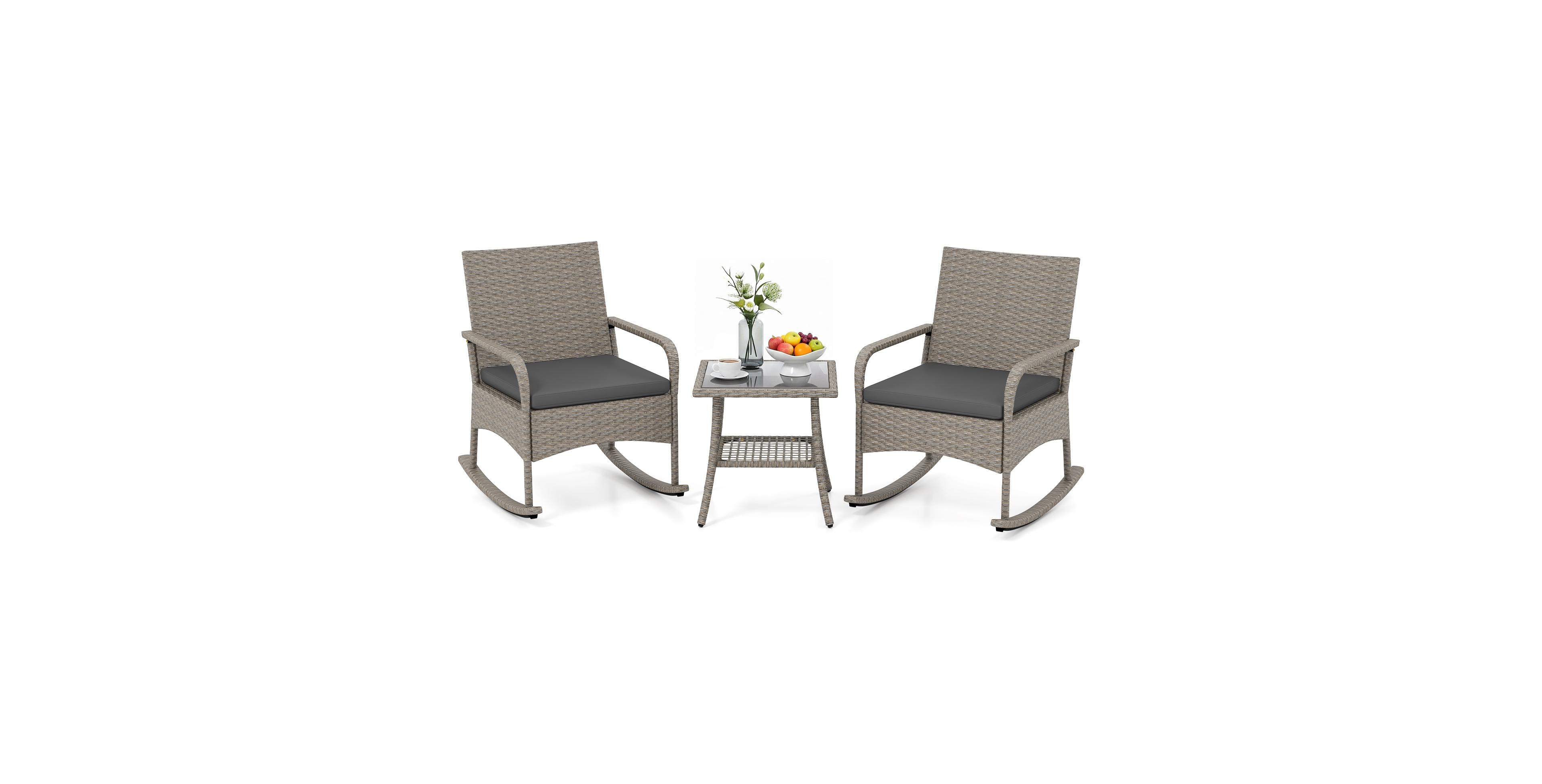 Gymax 3-Piece Rocking Bistro Set with Cushions and Glass Coffee Table for Garden Outdoor Mixed