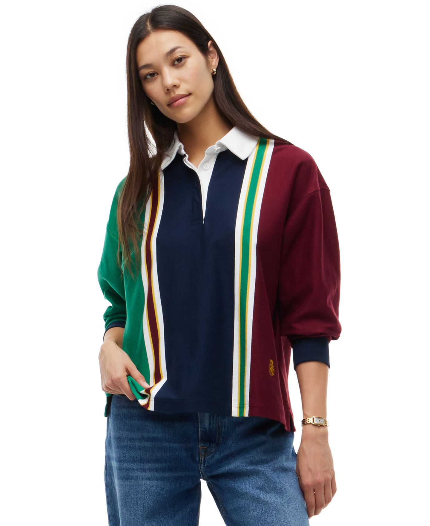 Женский свитер Tommy Hilfiger American Icons Rugby Long-Sleeve Striped Polo, цвет: Зелёный — фото 3