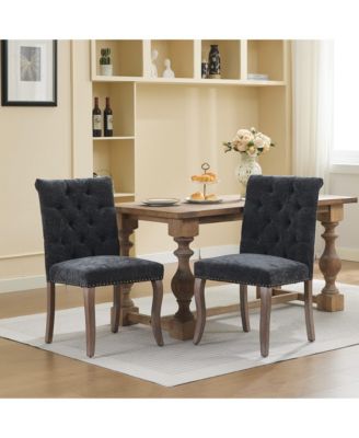 Upholstered Chenille Dining Chair Set of 2, Tufted Accent Chair with Curved Solid Wood Legs