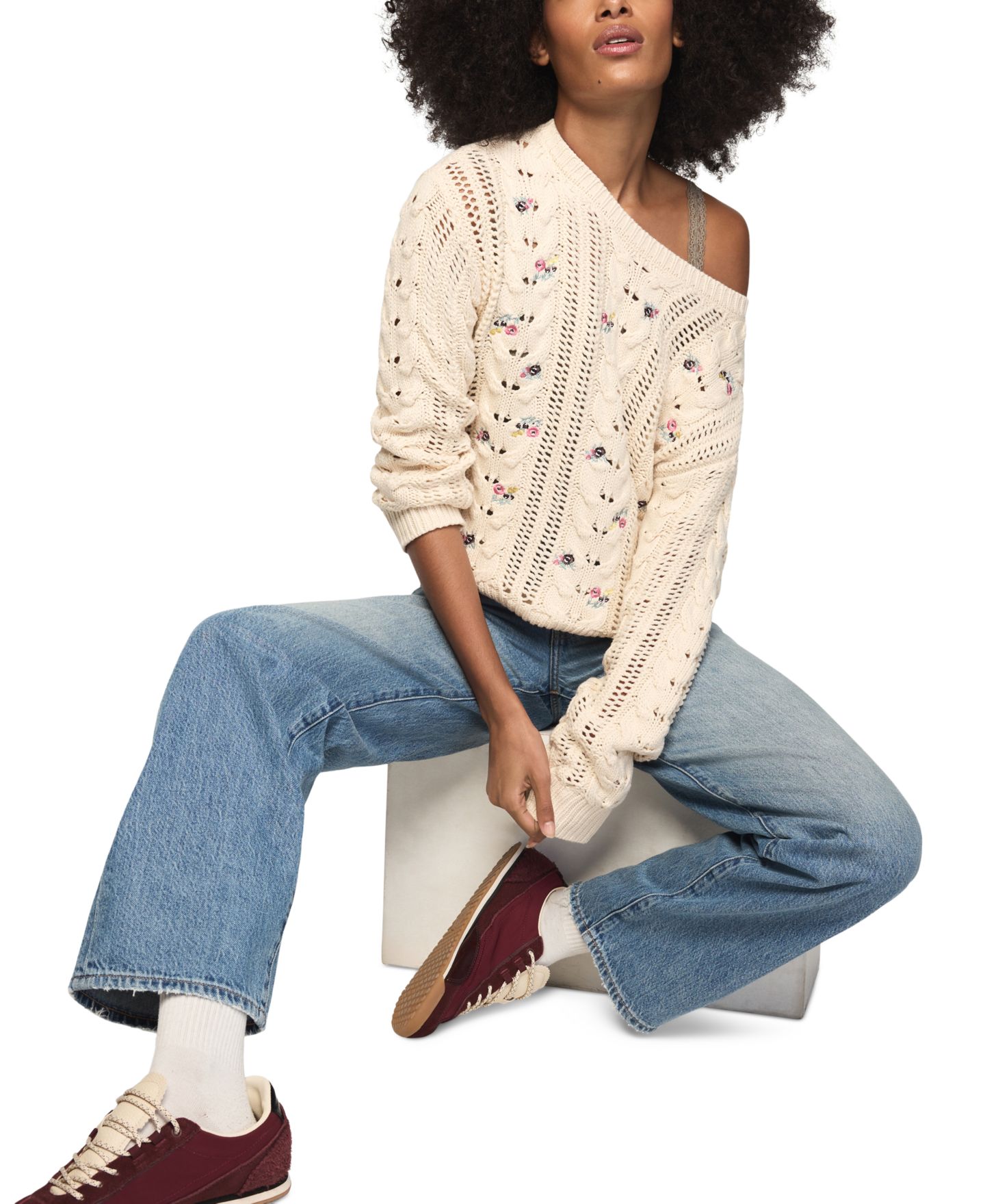 Женский свитер Lucky Brand Floral-Embroidered Cable-Knit Crewneck, цвет: Серый — фото 7