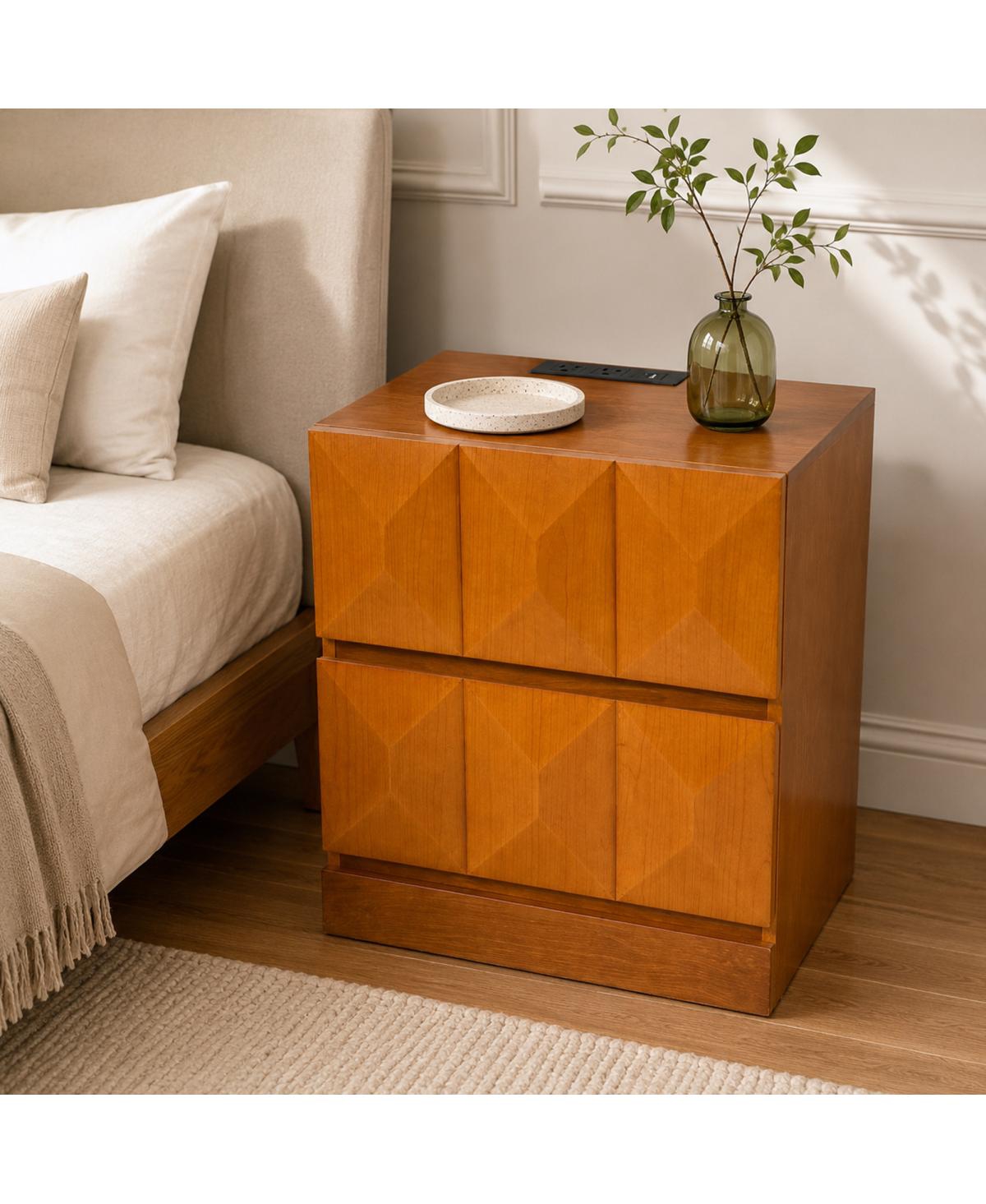 Streamdale Furniture Tall Modern Nightstand with Charging Station and Drawers, Natural Wood