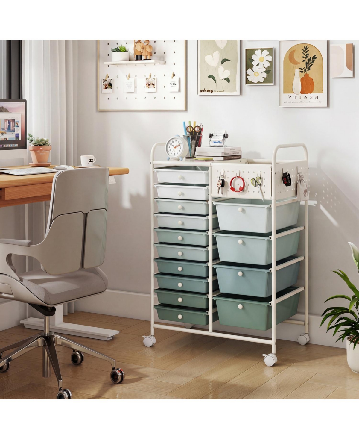 Mecale 14-Drawer Rolling Cart with Metal Top and Pegboard