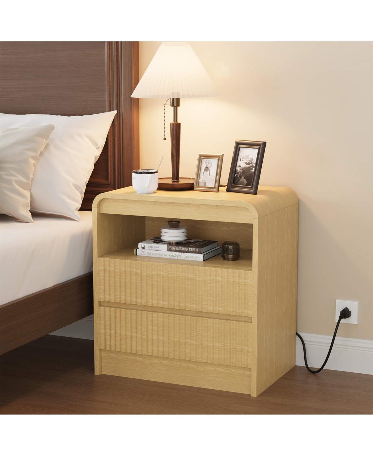 homfan 23.6-Inch Wood Color Fluted Nightstand with Charging Station and 2 Drawers