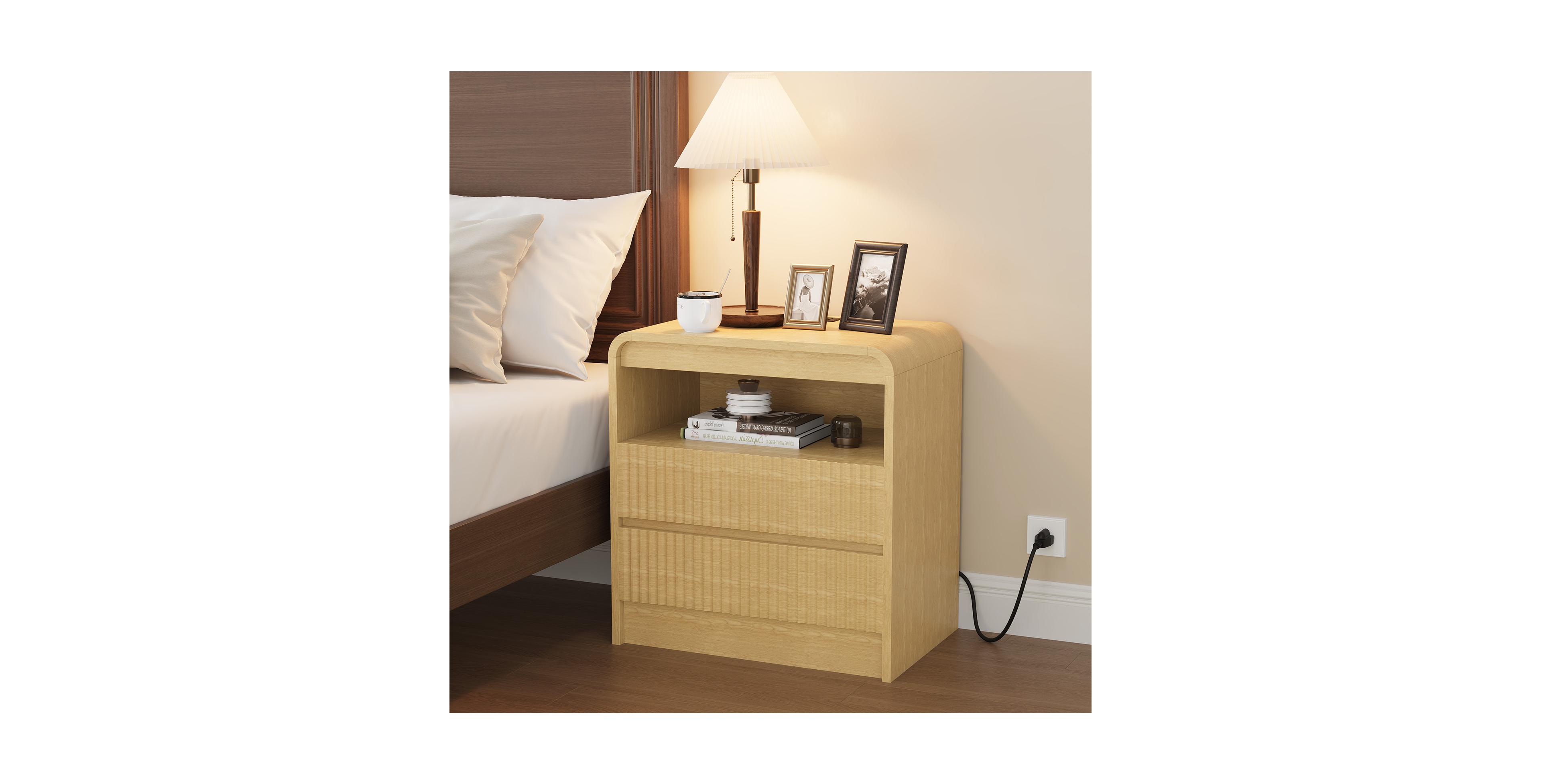 homfan 23.6-Inch Wood Color Fluted Nightstand with Charging Station and 2 Drawers