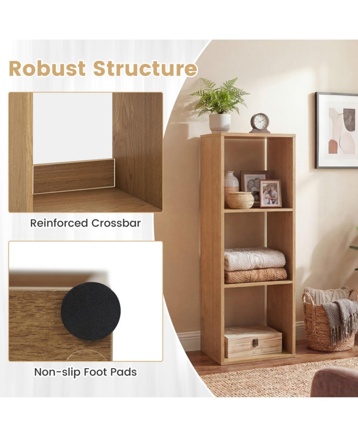 Sugift 3-Cube Bookshelf with Back Guardrail for Living Room