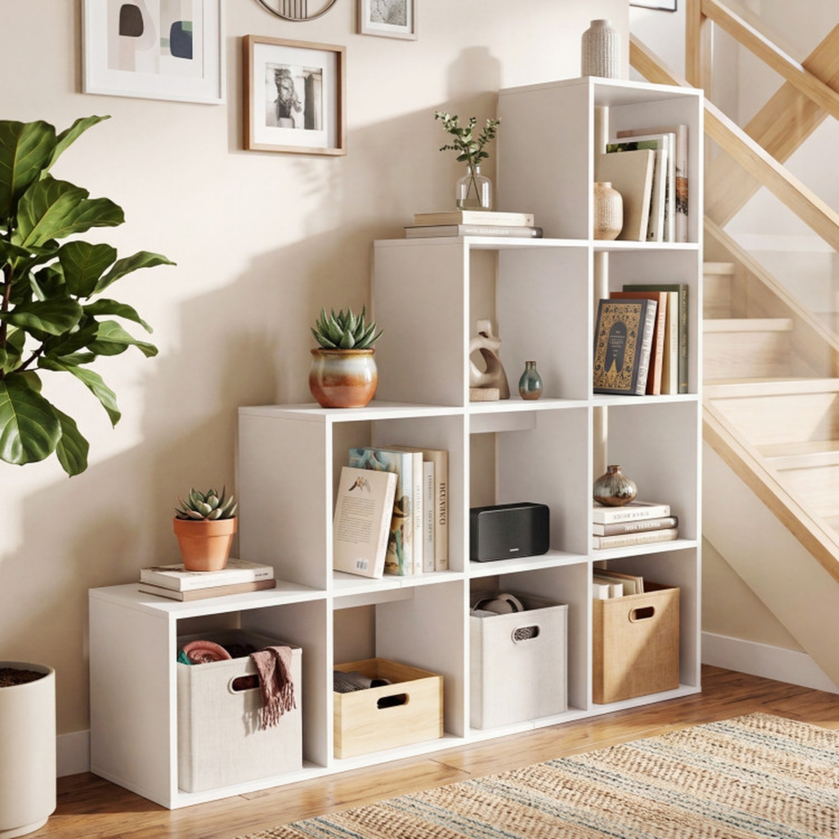 Sugift 4-Tier Stepped Bookshelf with 10 Cubes and Anti-Tipping Kits
