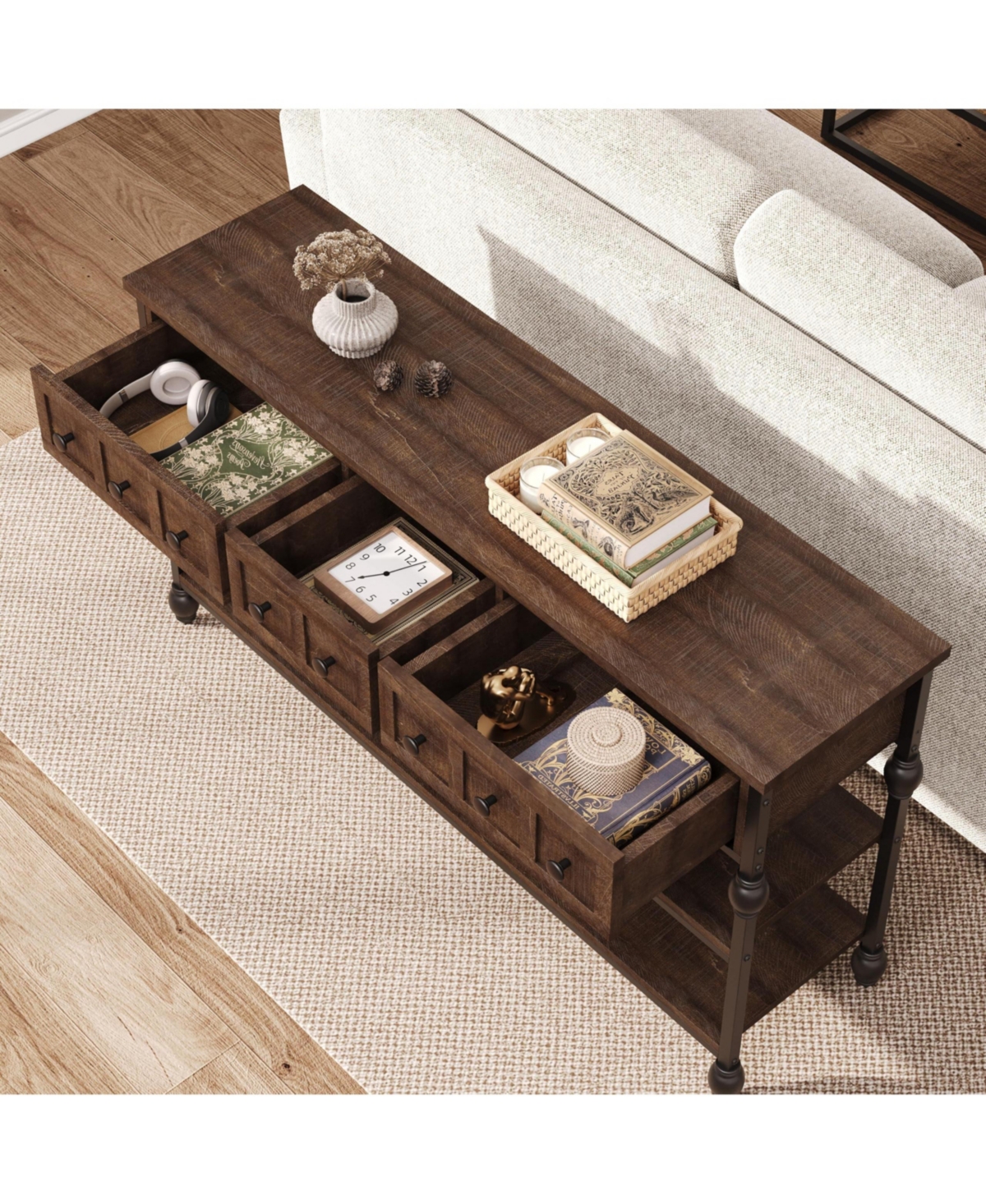 gaomon 52" Console Table with 3 Drawers, Roman Column Entryway Table, Narrow Sofa Table Behind Couch, Industrial Hallway Table with Storage Shelf