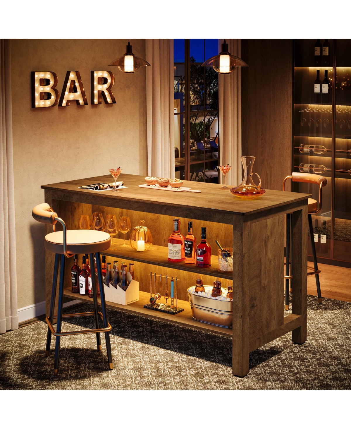 Tribesigns 59-Inch Home Bar Table Unit, 3-Tier Counter Height Pub Table with Storage Shelves, Bar Cabinet - Light brown
