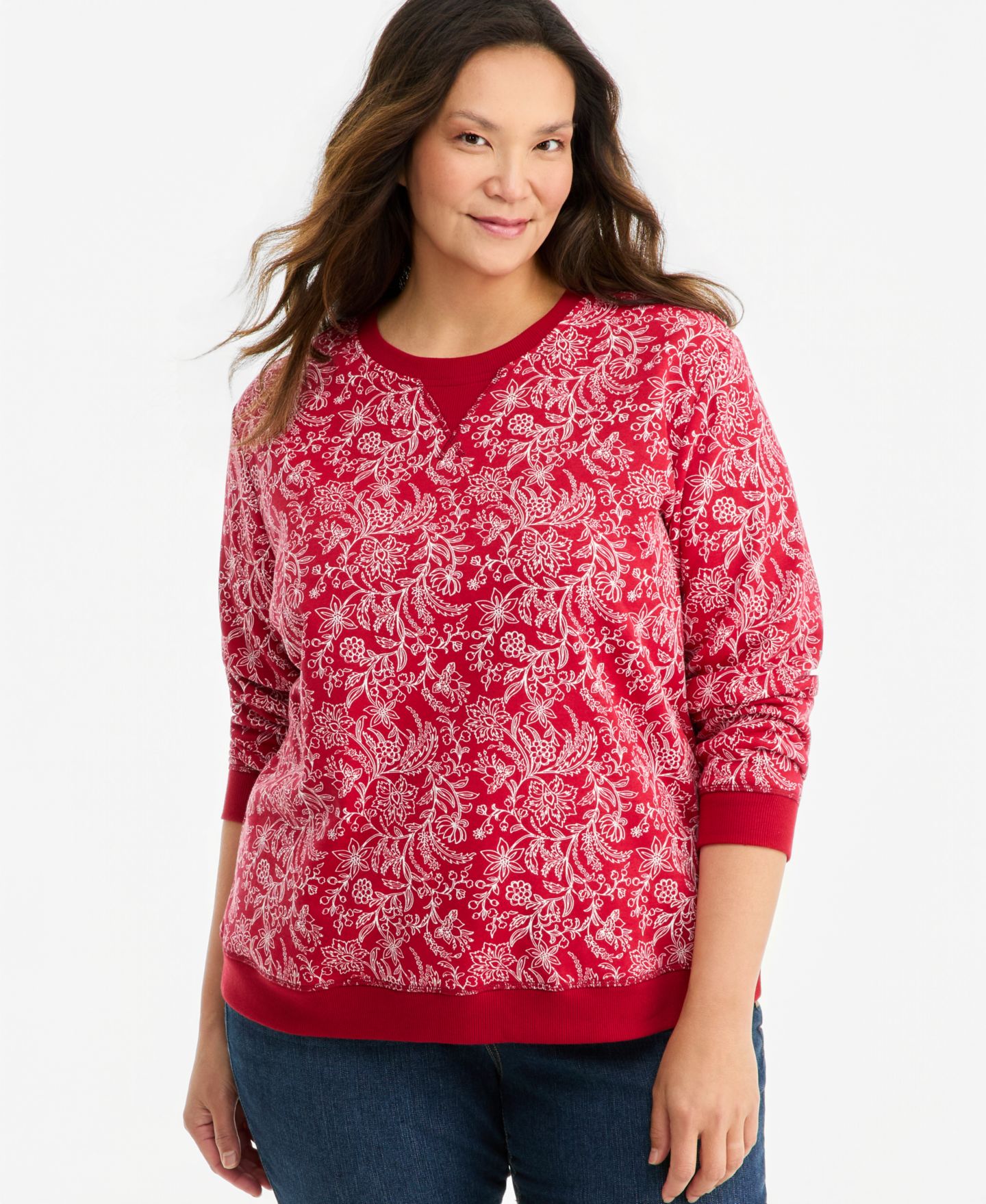 Женская толстовка Style & Co Plus Size Printed Fleece Crewneck, цвет: Тёмный красный — фото 1