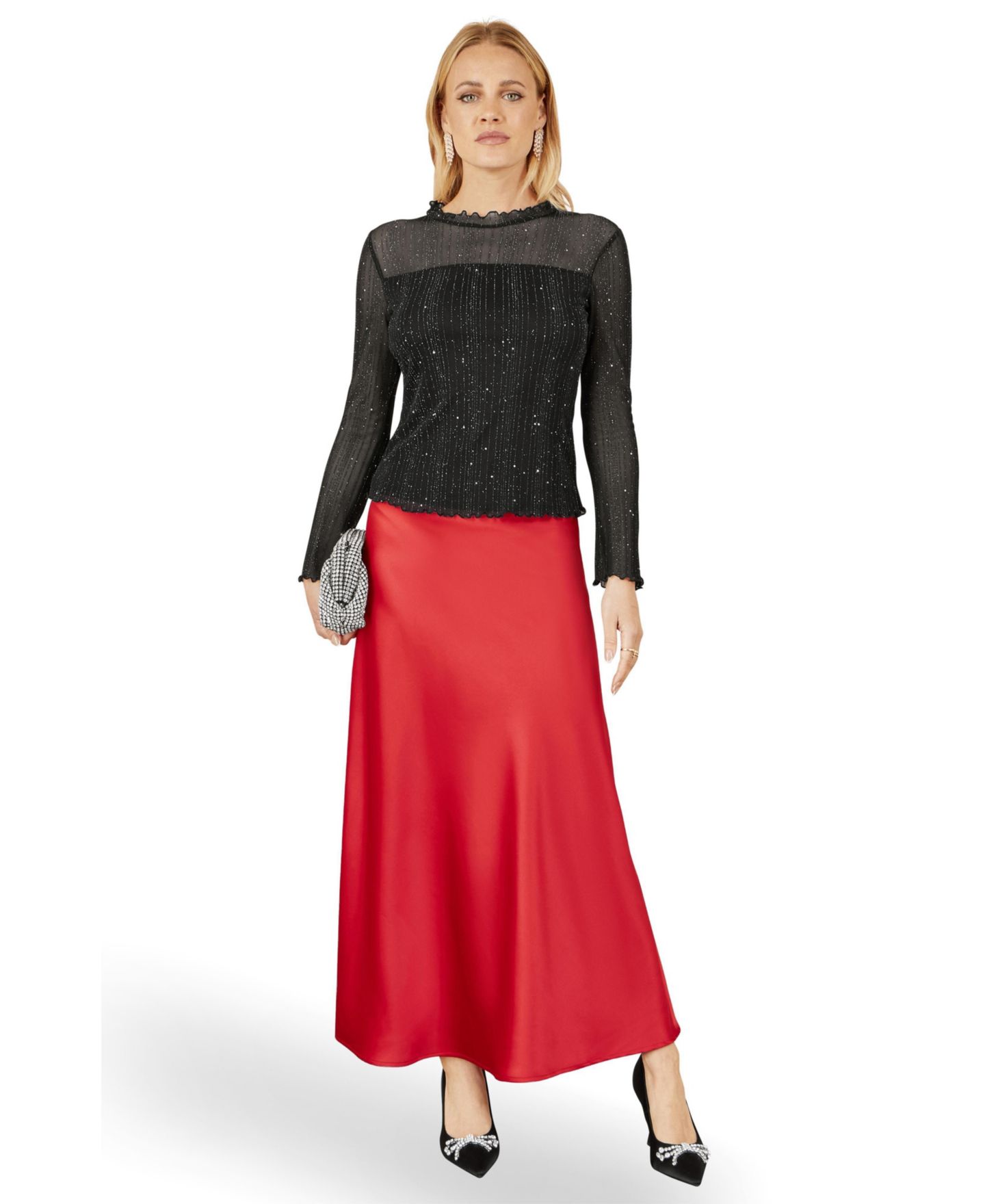 Женская юбка Yumi Satin A-Line Elasticated-Waist Midi, цвет: Красный — фото 2