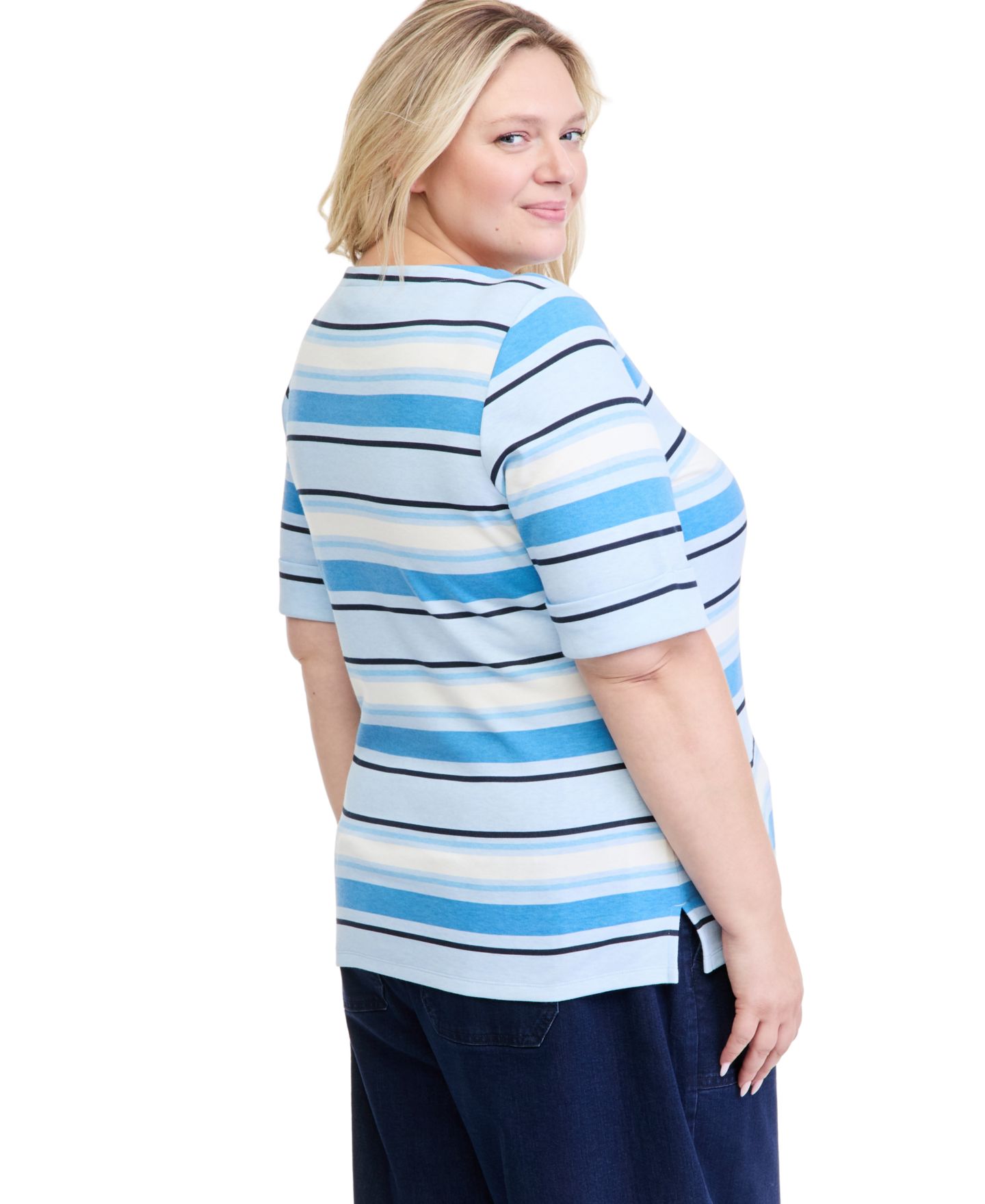 Женский топ Style & Co Plus Size Striped Boat-Neck Elbow Sleeve, цвет: Синий — фото 2