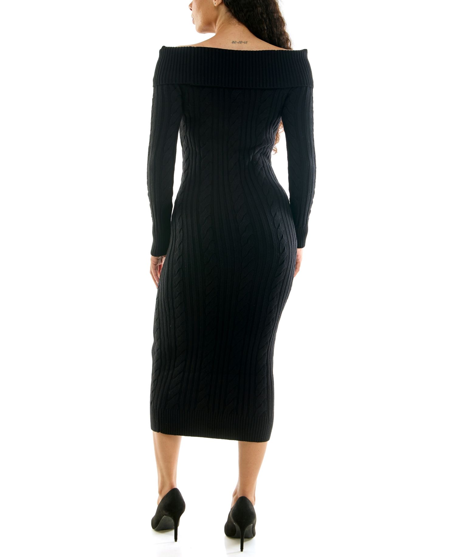 Juniors' Off-the-Shoulder Long-Sleeve Mixed-Stitch Midi Dress